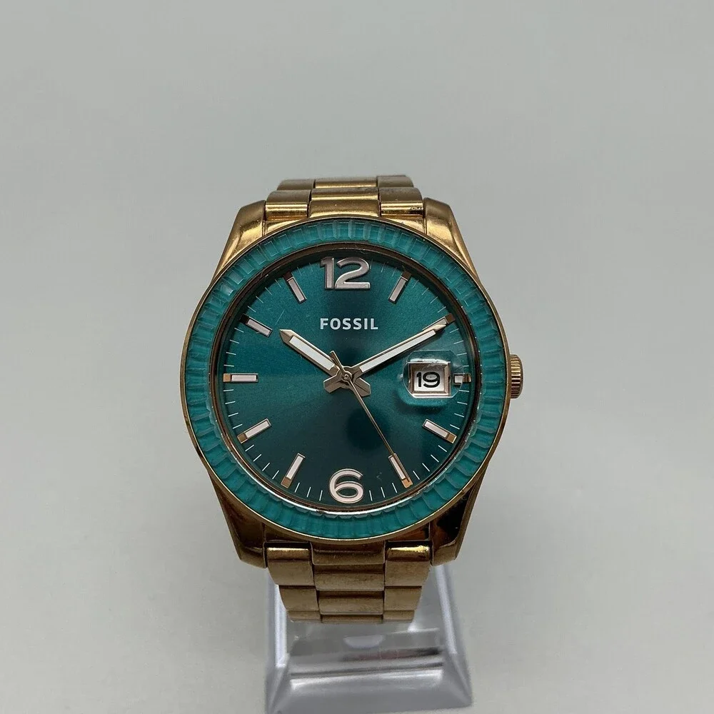 Fossil ES3730 Womens Watch 39mm Blue Dial Gold Tone Stainless New Battery 6.75